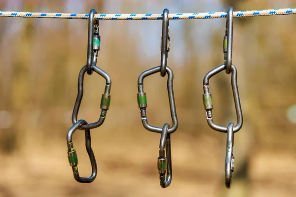 Carabiners Tourism Blurred Background Selective Focus Copy Space Text — Foto Stock