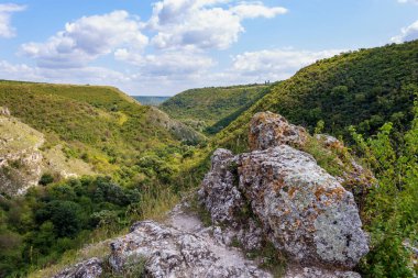 Doğu Avrupa 'nın vahşi kayalık ve dağlık doğası. Metin için kopya alanı olan peyzaj arkaplanı. Seçici odaklanma, uyumlu. Tipovo veya Tipova köyü, Moldova 'ya hoş geldiniz..