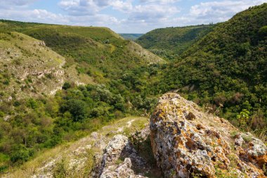 Doğu Avrupa 'nın vahşi kayalık ve dağlık doğası. Metin için kopya alanı olan peyzaj arkaplanı. Seçici odaklanma, uyumlu. Tipovo veya Tipova köyü, Moldova 'ya hoş geldiniz..