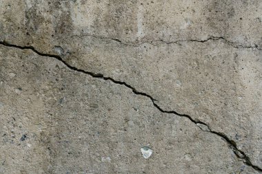Çatlak beton levha. Çimentodan duvar ve çatlak. Ev temeli tamiri. Doku yüzeyi veya arkaplan