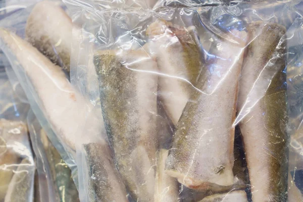 Заморожена Риба Прозорому Пакеті Фон Вибірковим Фокусом Пробілом Копіювання Тексту — стокове фото