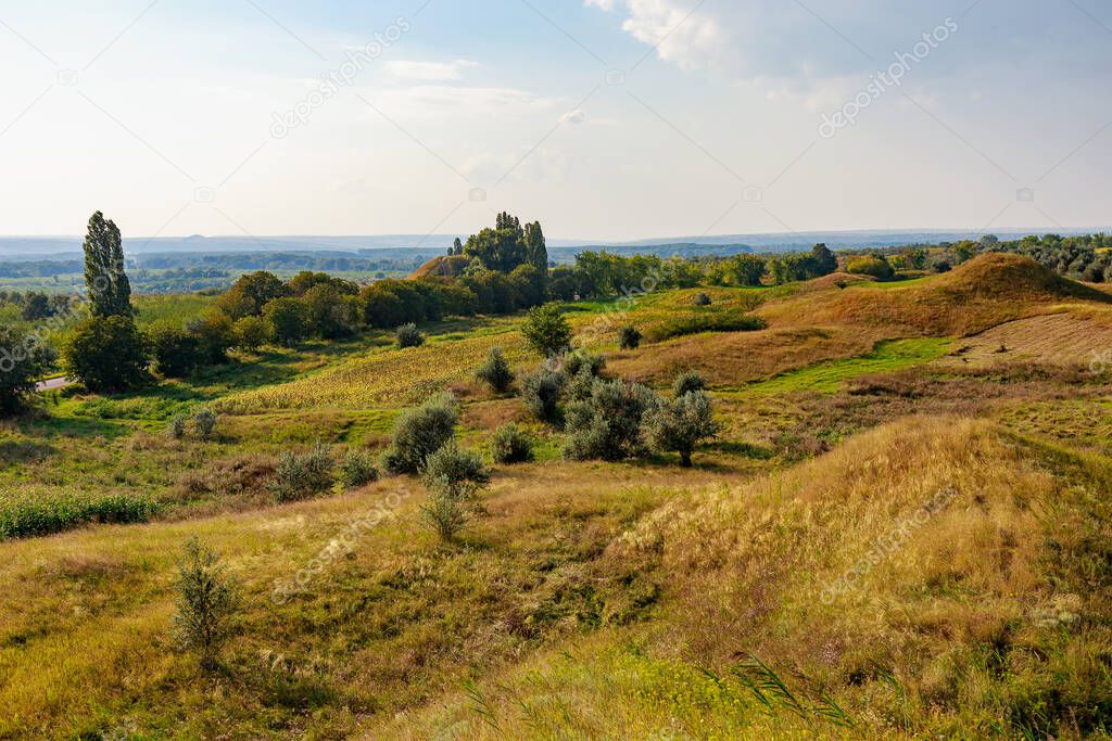 The hilly nature of Eastern Europe. Background with copy space for text or inscriptions, toned