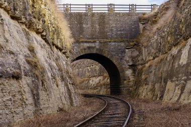 Kanyonda demiryolu tüneli olan bir köprü. Rusça 1893 yazıtları. Metin için kopyalama alanı olan arkaplan