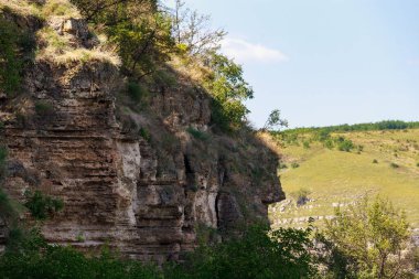 Doğu Avrupa 'nın vahşi kayalık ve dağlık doğası. Metin için kopya alanı olan peyzaj arkaplanı. Seçici odaklanma, uyumlu. Tipovo veya Tipova köyü, Moldova 'ya hoş geldiniz..