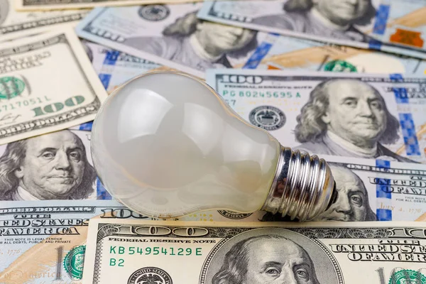 Classic electric light bulb on a blurred background of dollar cash bills or banknotes. The concept of the energy crisis and electricity inflation. Rise in electricity prices. Copy space for text.