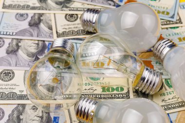 Bulanık arka planda diğer ampullerle birlikte ampul ve dolar seçici bir odak noktası. Enerji krizi ve elektrik enflasyonu kavramı. Artan elektrik fiyatları. Boşluğu kopyala