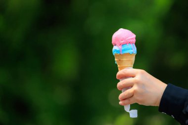 Bulanık yeşil park arka planında dondurmalı waffle külahı. Metin için seçici odak ve kopyalama alanı