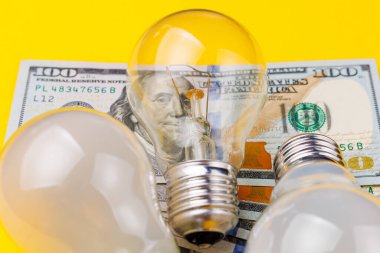 Bulanık arka planda diğer ampullerle birlikte ampul ve dolar seçici bir odak noktası. Enerji krizi ve elektrik enflasyonu kavramı. Artan elektrik fiyatları. Boşluğu kopyala