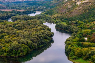Geniş nehir. Metin veya harfler için kopya alanı olan Doğu Avrupa arka planı. Balık tutmak ve rafting yapmak için ideal. Bir turistin gözlerinden bak.