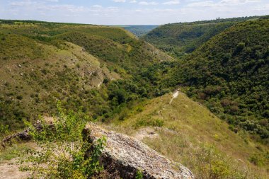 Doğu Avrupa 'nın vahşi kayalık ve dağlık doğası. Metin için kopya alanı olan peyzaj arkaplanı. Seçici odaklanma, uyumlu. Tipovo veya Tipova köyü, Moldova 'ya hoş geldiniz..