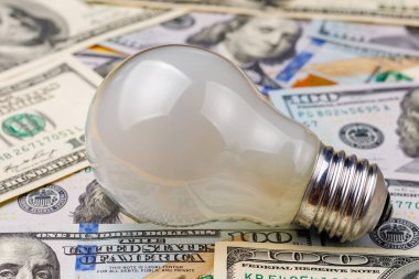 Dolar banknotları ya da banknotların bulanık arka planında klasik elektrik ampulü. Enerji krizi ve elektrik enflasyonu kavramı. Elektrik fiyatlarında artış. Metin için alanı kopyala.