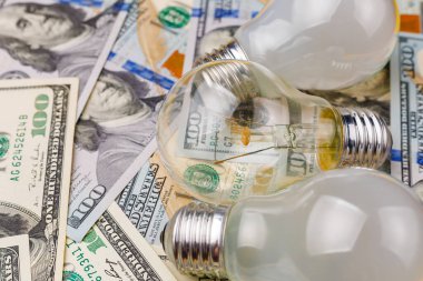 Bulanık arka planda diğer ampullerle birlikte ampul ve dolar seçici bir odak noktası. Enerji krizi ve elektrik enflasyonu kavramı. Artan elektrik fiyatları. Boşluğu kopyala