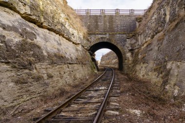 Kanyonda demiryolu tüneli olan bir köprü. Rusça 1893 yazıtları. Metin için kopyalama alanı olan arkaplan