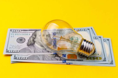 Dolar banknotları ya da banknotların bulanık arka planında klasik elektrik ampulü. Enerji krizi ve elektrik enflasyonu kavramı. Elektrik fiyatlarında artış. Metin için alanı kopyala.