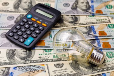 Hesap makinesi ve doların bulanık arka planında klasik şeffaf parlak ampul, seçici odaklanma. Enerji krizi ve elektrik enflasyonu kavramı. Artan elektrik fiyatları