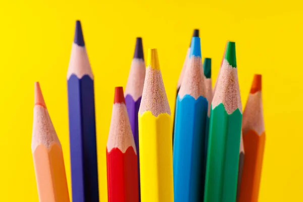 Colored Pencils Close Selective Focus Stylus Blurred Yellow Background Copy — Stock fotografie