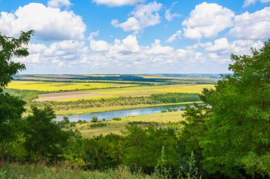 Geniş nehir. Metin veya harfler için kopya alanı olan Doğu Avrupa arka planı. Balık tutmak ve rafting yapmak için ideal. Bir turistin gözlerinden bak.