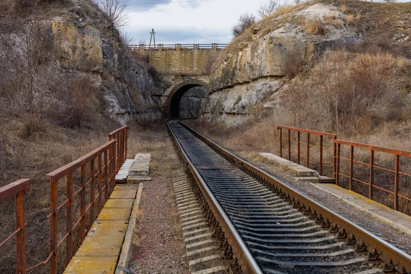 渓谷の鉄道トンネルと道路橋 ロシア語で1893年に書かれた テキストのコピースペースを持つ背景 — ストック写真