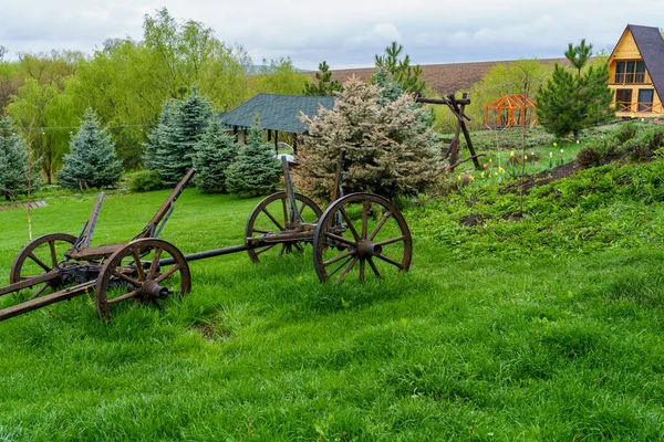 Frame Wheels Horse Cart Decor Create Rustic Atmosphere Background Copy — Fotografia de Stock
