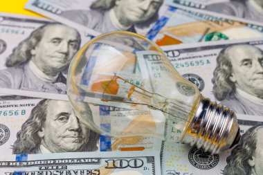 Dolar banknotları ya da banknotların bulanık arka planında klasik elektrik ampulü. Enerji krizi ve elektrik enflasyonu kavramı. Elektrik fiyatlarında artış. Metin için alanı kopyala.