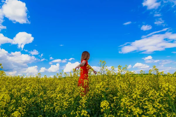 Young Pretty Woman Colored Dress Lightning Cheerful Yellow Background Blooming — Stock Photo, Image