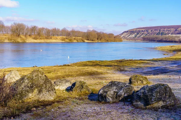 Beautiful View River Bank Calm Winter Wildlife Background Copy Space — Stock fotografie