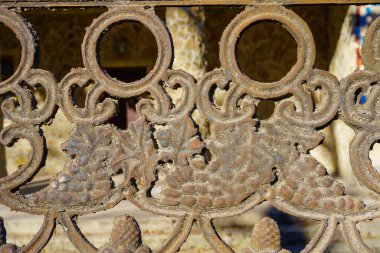 Grapes on a rusty fence as an element of architecture common among different peoples of the world. Background with selective focus and copy space for text
