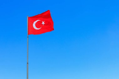 Turkish flag against the sky. The official name of the state is the Republic of Turkey, the capital is Ankara. Background with copy space