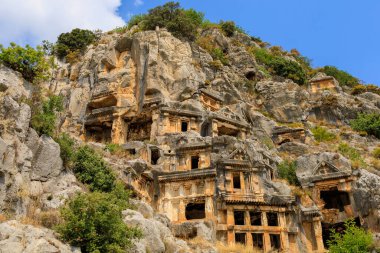 Lycian rock tombs of the necropolis in Demre, the former Kale in Turkey in the province of Antalya of the ancient city of Myra, one of the main centers of Lycia. Grandiose ancient ruins