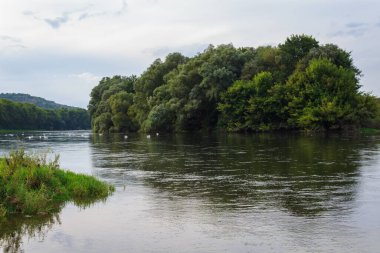 Geniş nehir. Metin veya harfler için kopya alanı olan Doğu Avrupa arka planı. Balık tutmak ve rafting yapmak için ideal. Bir turistin gözlerinden bak.