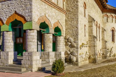 Stone columns as an element of ancient classical architecture. Background or backdrop with selective focus and copy space for text