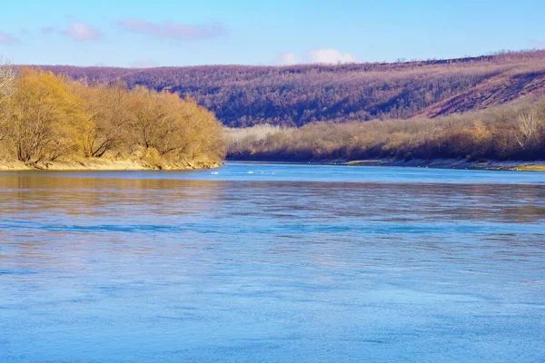 Nehir kıyısının güzel manzarası sakin bir kış yaban hayatı. Metin için kopyalama alanı olan arkaplan