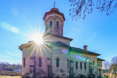 Old stone church. Background with selective focus and copy space for text