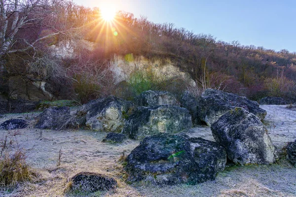 Beauty Winter Nature Stones Frost Background Copy Space Text — Photo