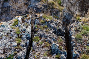 Doğu Avrupa 'nın vahşi kayalık ve dağlık doğası. Metin için kopya alanı olan peyzaj arkaplanı. Seçici odaklanma, uyumlu. Coban ya da Cobani köyü, Moldova 'ya hoş geldiniz..