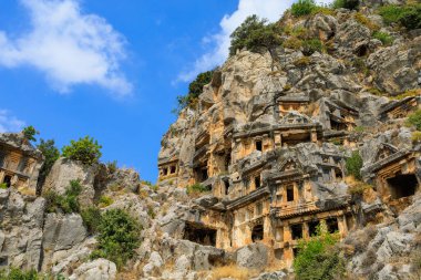 Lycian rock tombs of the necropolis in Demre, the former Kale in Turkey in the province of Antalya of the ancient city of Myra, one of the main centers of Lycia. Grandiose ancient ruins