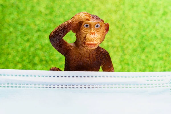 Figurina Macaco Atrás Uma Máscara Cirúrgica Médica Conceito Varíola Varíola — Fotografia de Stock