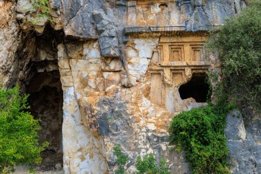 Lycian rock tombs of the necropolis in Demre, the former Kale in Turkey in the province of Antalya of the ancient city of Myra, one of the main centers of Lycia. Grandiose ancient ruins
