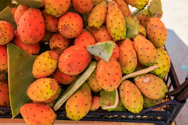 Edible fruits of cactus, prickly pear. Selective focus, background with copy space