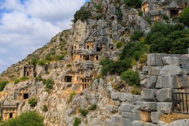 Lycian rock tombs of the necropolis in Demre, the former Kale in Turkey in the province of Antalya of the ancient city of Myra, one of the main centers of Lycia. Grandiose ancient ruins