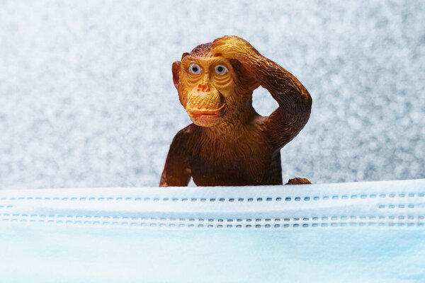 Figurine of a monkey behind a medical surgical mask. The concept of smallpox or monkeypox. Background with copy space for text