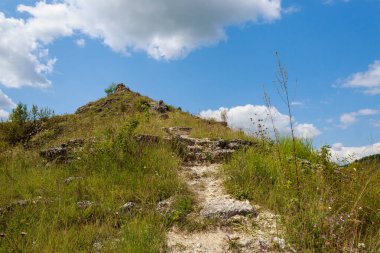 Doğu Avrupa 'nın vahşi kayalık ve dağlık doğası. Metin için kopya alanı olan peyzaj arkaplanı. Seçici odaklanma, uyumlu. Tipovo veya Tipova köyü, Moldova 'ya hoş geldiniz..