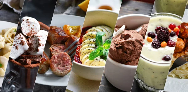 Collage de muchos populares en todo el mundo desayunos, almuerzos y aperitivos. Collage de diferentes surtidos de alimentos. —  Fotos de Stock