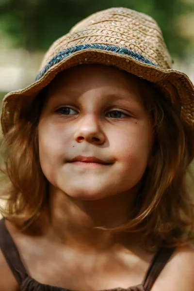 Cute Blonde Child Years Old Child Straw Hat Portrait Baby — Fotografia de Stock