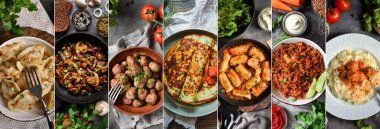 Tabaklardaki yiyecek kolajı. Çeşitli yiyecekler, sebzeler, tavuk, üst manzara. Tabaklar için seçenekler.