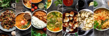 Tabaklardaki yiyecek kolajı. Çeşitli yiyecekler, sebzeler, tavuk, üst manzara. Tabaklar için seçenekler.