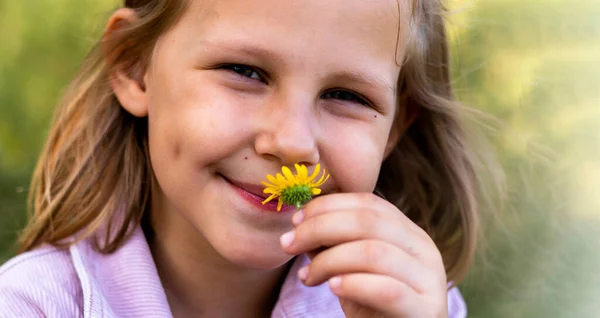 Criança Cheira Flor Menina Está Descansar Parque Espaço Para Cópia — Fotografia de Stock