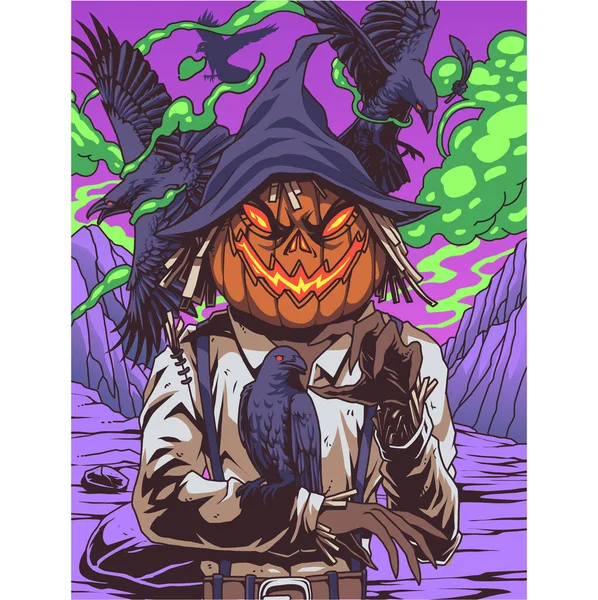 Scarecrow Pumpkin Raven Illustration — Stock Vector