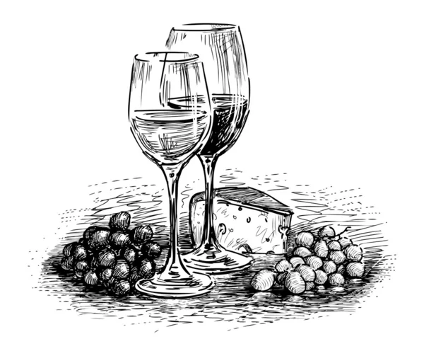 Gläser, Käse und Trauben — Stockvektor