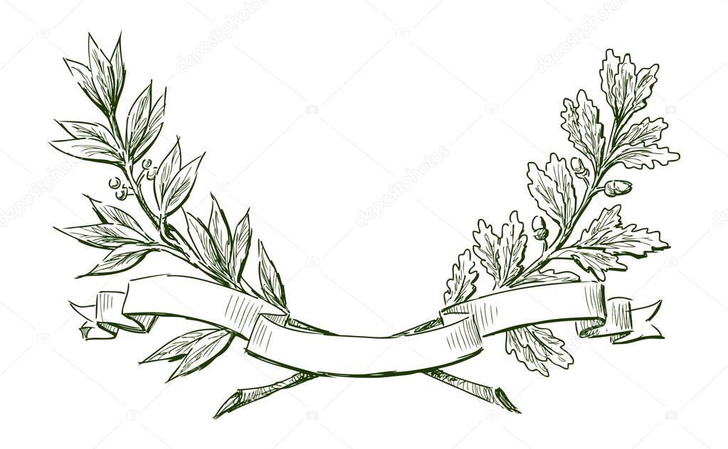 Laurel and oak branches with ribbon